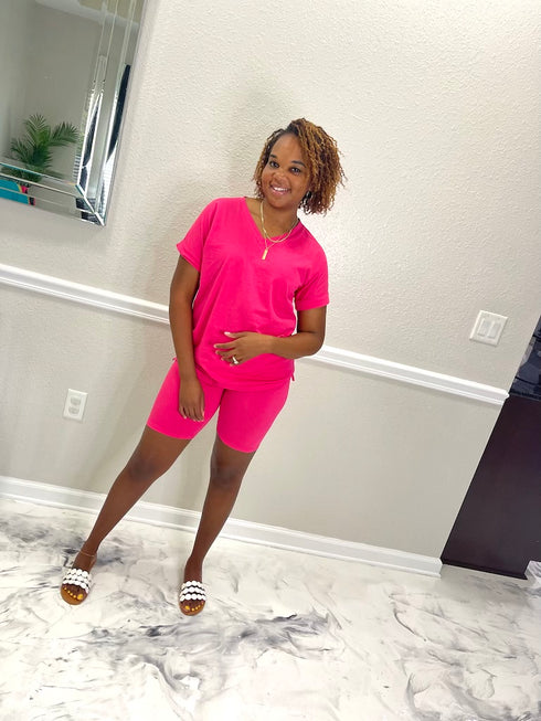 Mommy & Me V-Neck Biker Short Set | Hot Pink