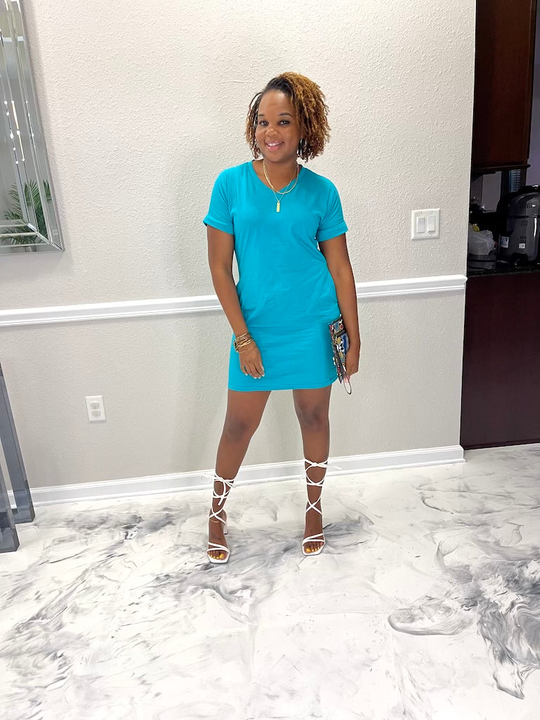 Mommy & Me V-Neck T-Shirt Dress | Teal YouCeMe Mommy & Me V-Neck T-Shirt Dress | Teal YouCeMe