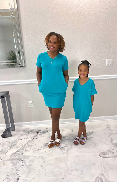 Mommy & Me V-Neck T-Shirt Dress | Teal