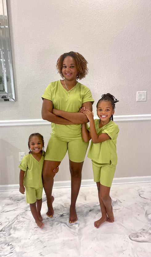 Mommy & Me V-Neck Biker Short Set | Green