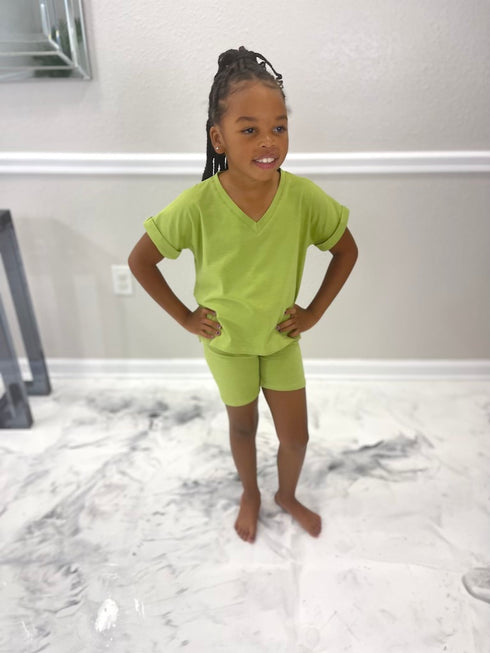Mommy & Me V-Neck Biker Short Set | Green
