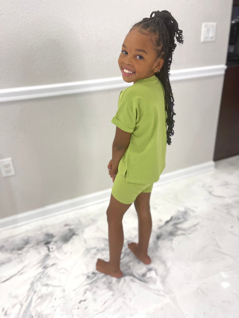 Mommy & Me V-Neck Biker Short Set | Green