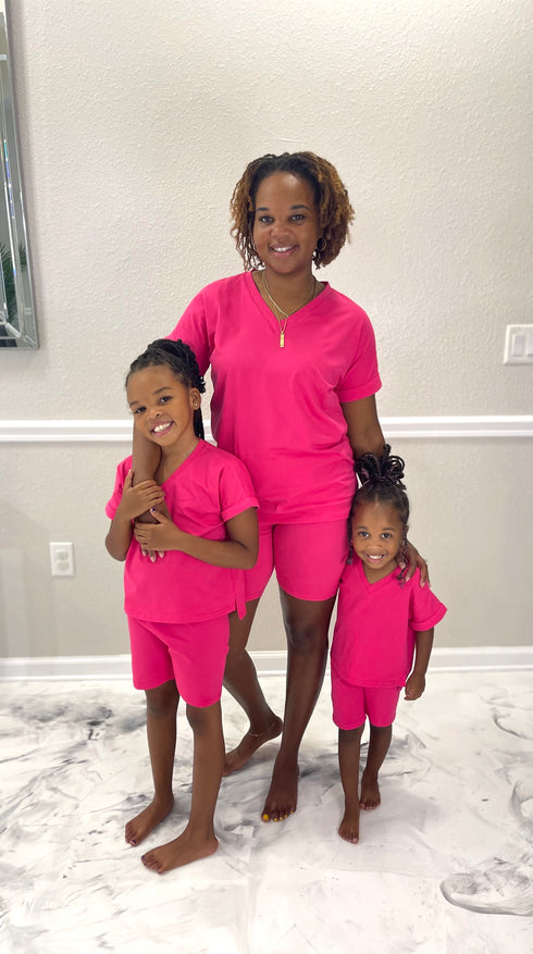 Mommy & Me V-Neck Biker Short Set | Hot Pink