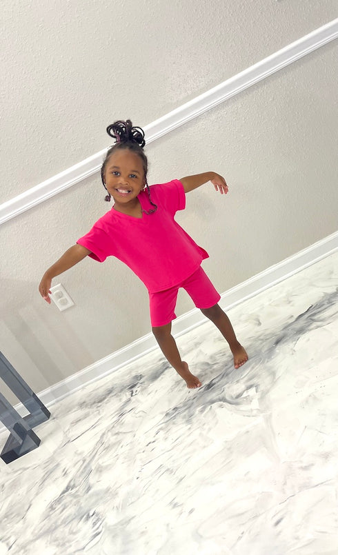Mommy & Me V-Neck Biker Short Set | Hot Pink