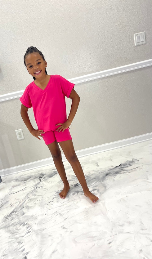Mommy & Me V-Neck Biker Short Set | Hot Pink