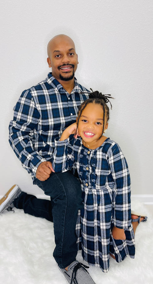 Family Matching Cotton Blue Dress w/ Plaid Button Down