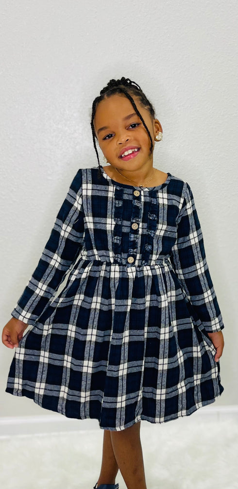 Family Matching Cotton Blue Dress w/ Plaid Button Down