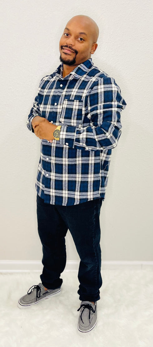 Family Matching Cotton Blue Dress w/ Plaid Button Down