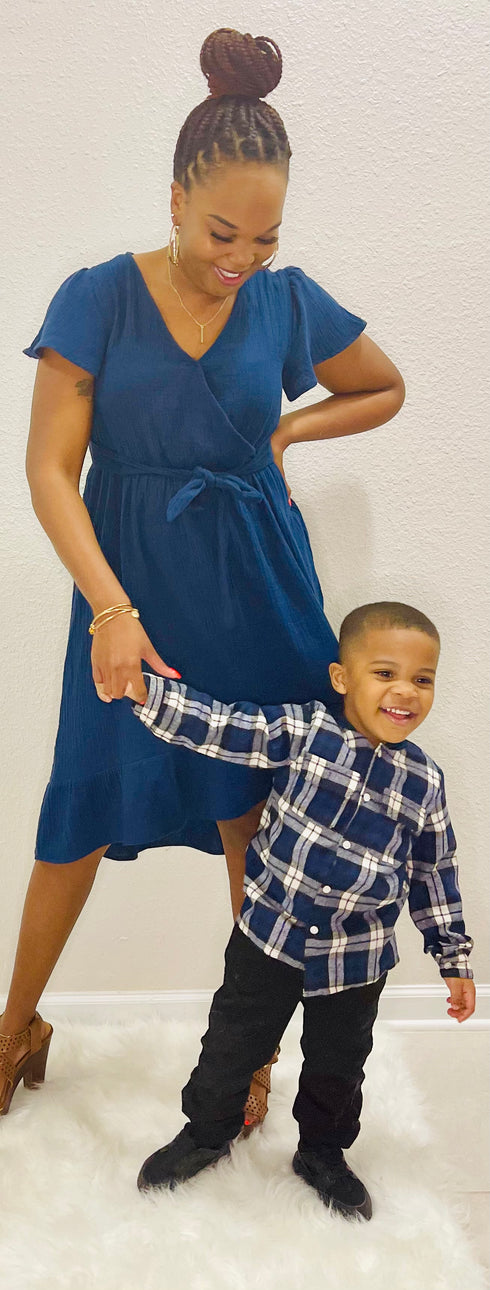 Family Matching Cotton Blue Dress w/ Plaid Button Down