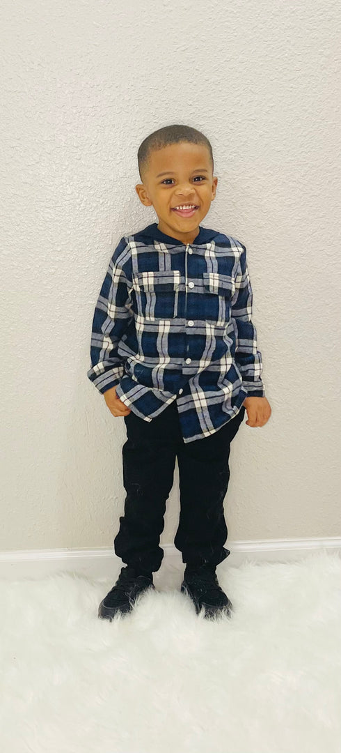 Family Matching Cotton Blue Dress w/ Plaid Button Down