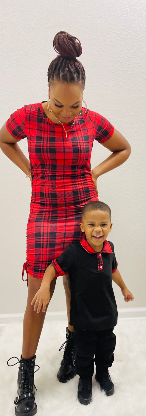 Family Day Out Matching Red Plaid Dress & Polo Shirts